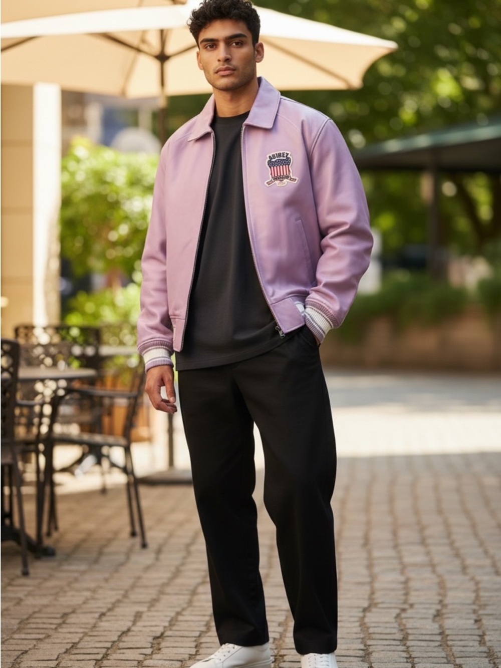 Avirex Lavender Leather Bomber Jacket with USA Patch - Picture 3 of 5